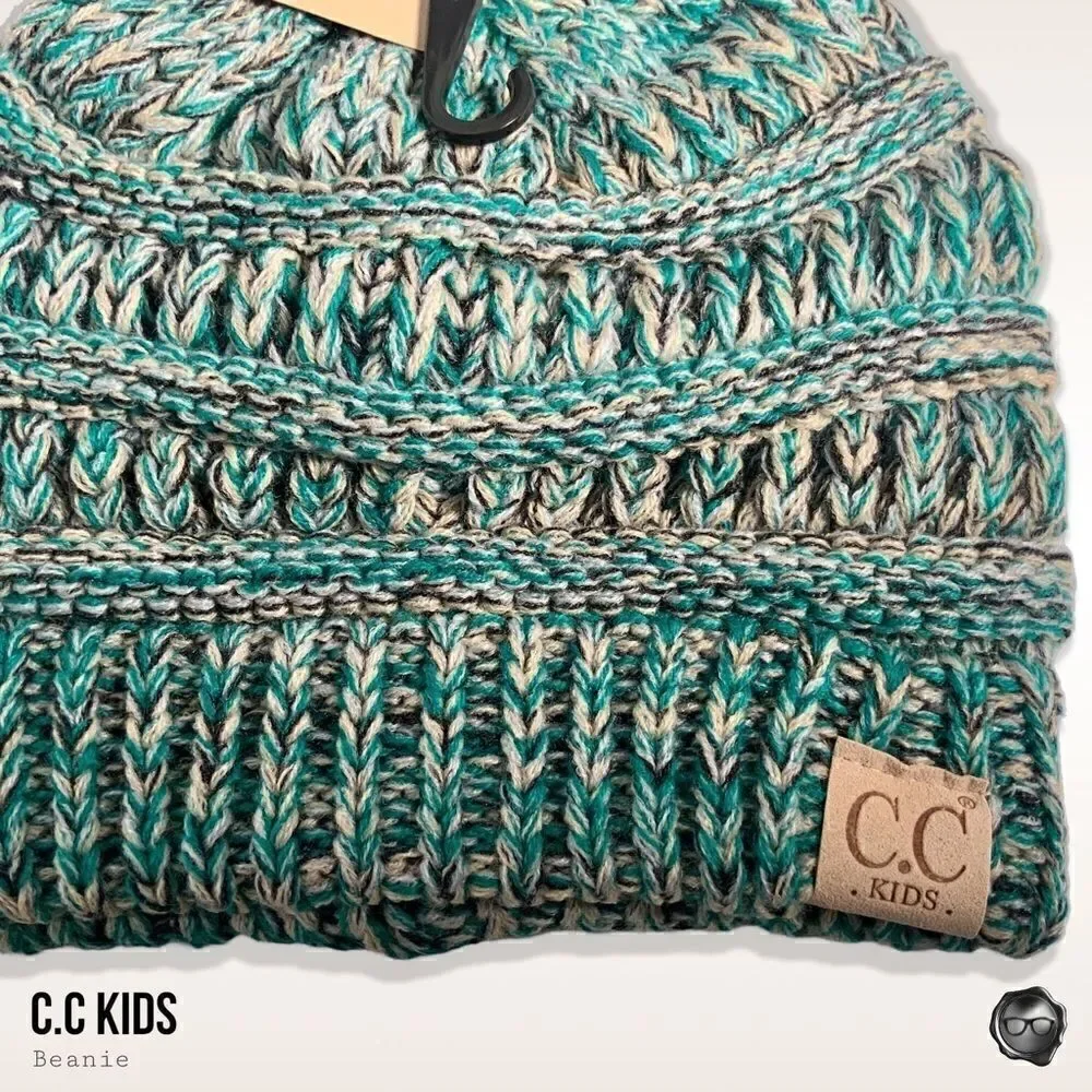 C.C KIDS BEANIE IN COOL CONFETTI GREEN & BLUE WARM CABLE KNIT WINTER CAP NO ITCH